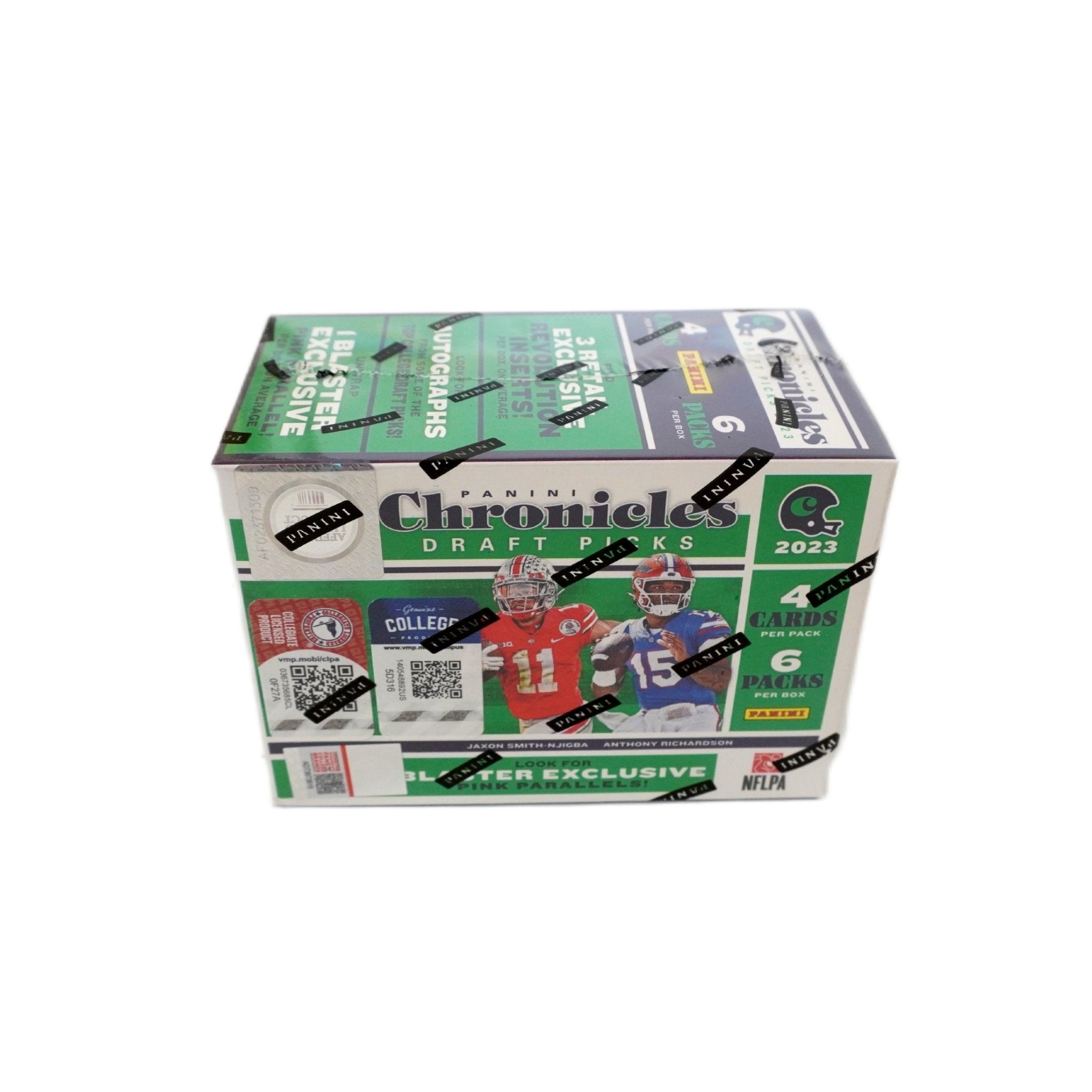 2023 Panini Chronicles Draft Picks Football Blaster Box Seitenansicht links (6 Packs) – originale Panini NFL Trading Cards Box mit Draft Picks Sammelkarten, offizielles TCG Blaster Display 2023 günstig online bestellen