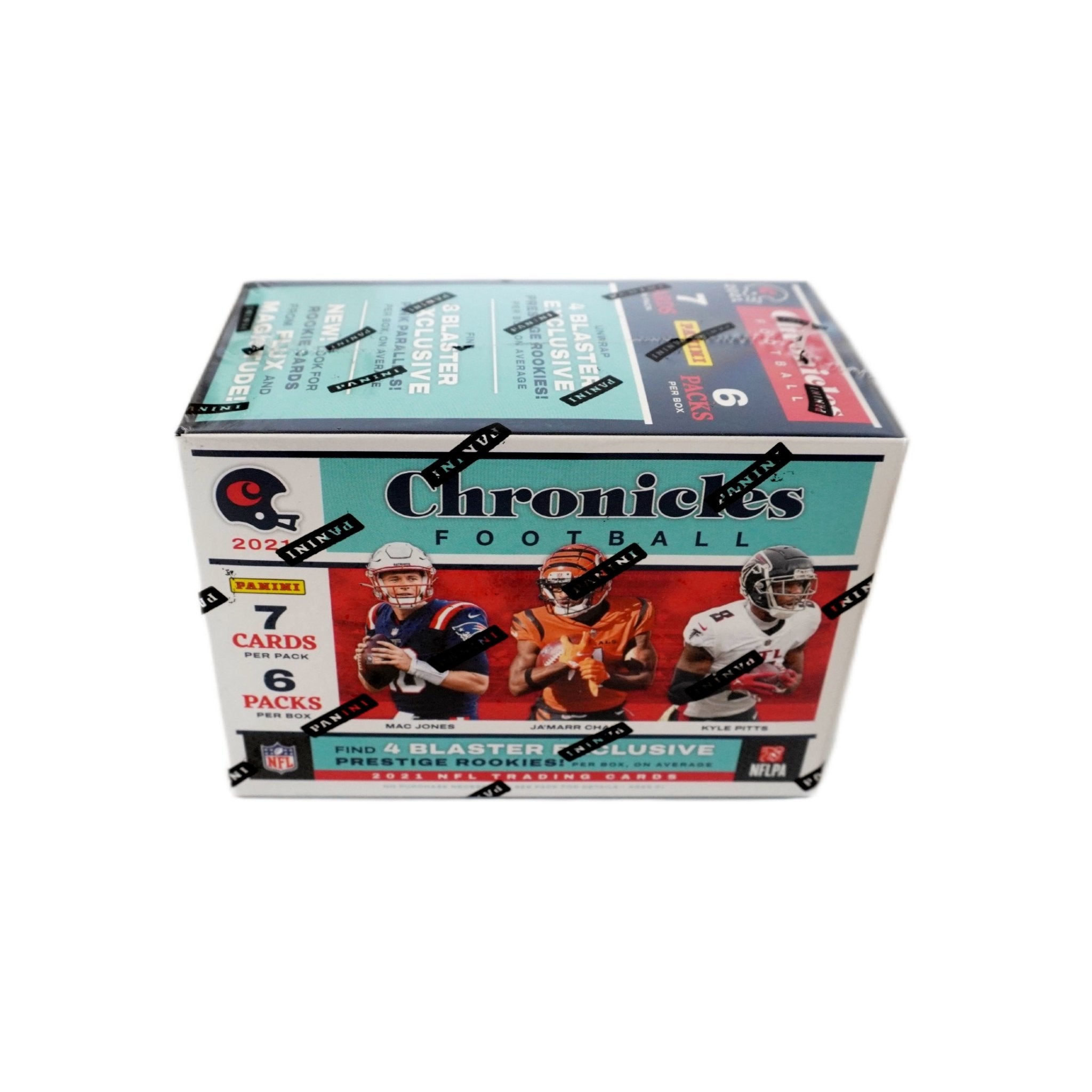 2021 Panini Chronicles Football Blaster Box Seitenansicht links – originale NFL Trading Cards Box mit Chronicles Sammelkarten, offizielles Panini TCG Blaster Display 2021 günstig online bestellen