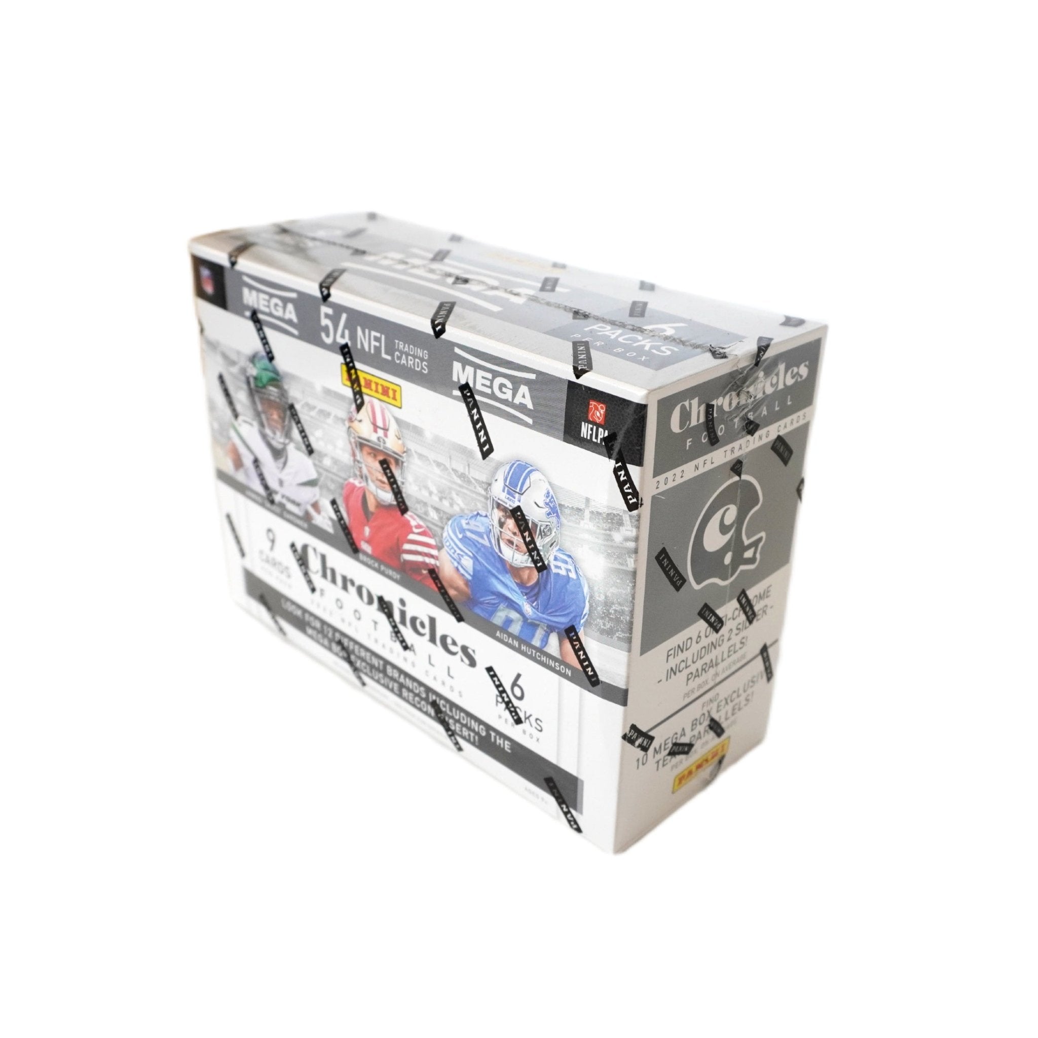 2022 Panini Chronicles Football Mega Box Rückseite – detaillierte Übersicht aller enthaltenen NFL Sammelkarten mit Recon Inserts, offizielles Panini Chronicles Football Trading Cards Set 2022 entdecken und online kaufen