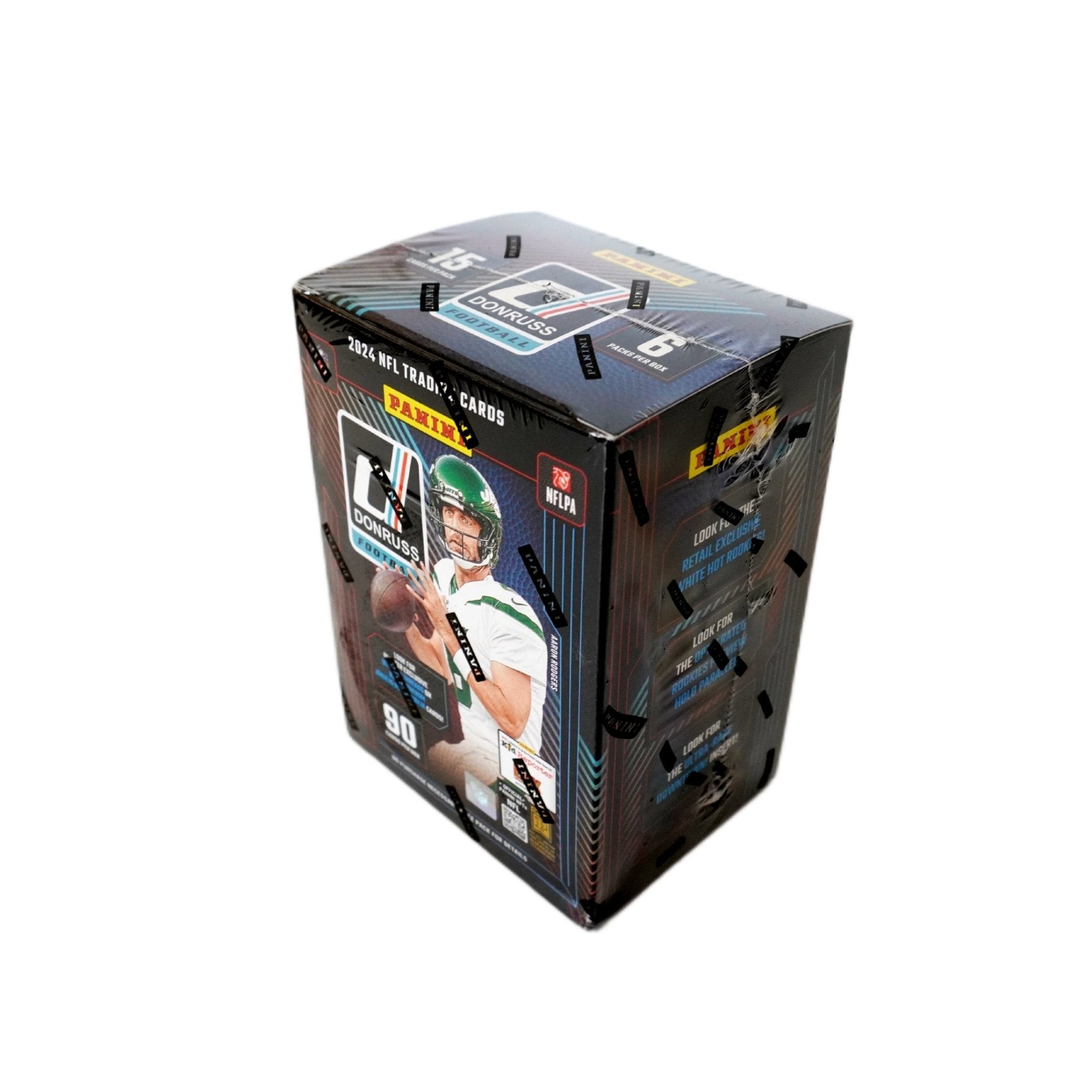 NFL 2024 Panini Donruss Football Blaster Box 6 Packungen Rückseite – detaillierte Übersicht aller enthaltenen Football Sammelkarten, originales Panini Donruss Trading Cards Set 2024 entdecken und online kaufen