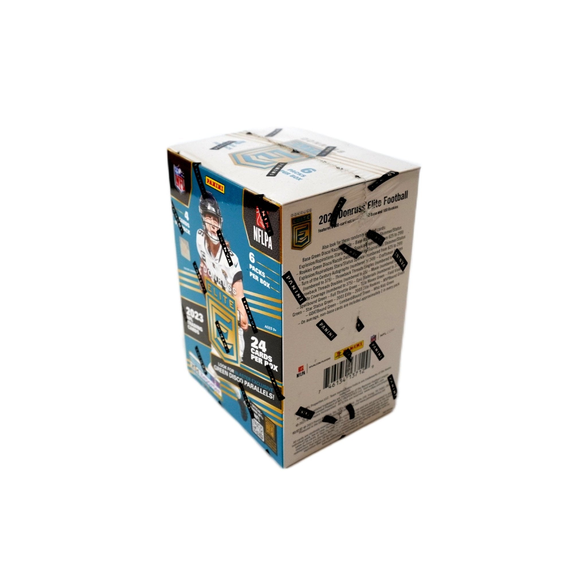 2023 Panini Donruss Elite Football Blaster Box Rückseite – detaillierte Übersicht aller enthaltenen NFL Sammelkarten und Green Disco Parallels, offizielles Panini Donruss Elite Football Trading Cards Set 2023 entdecken und online kaufen