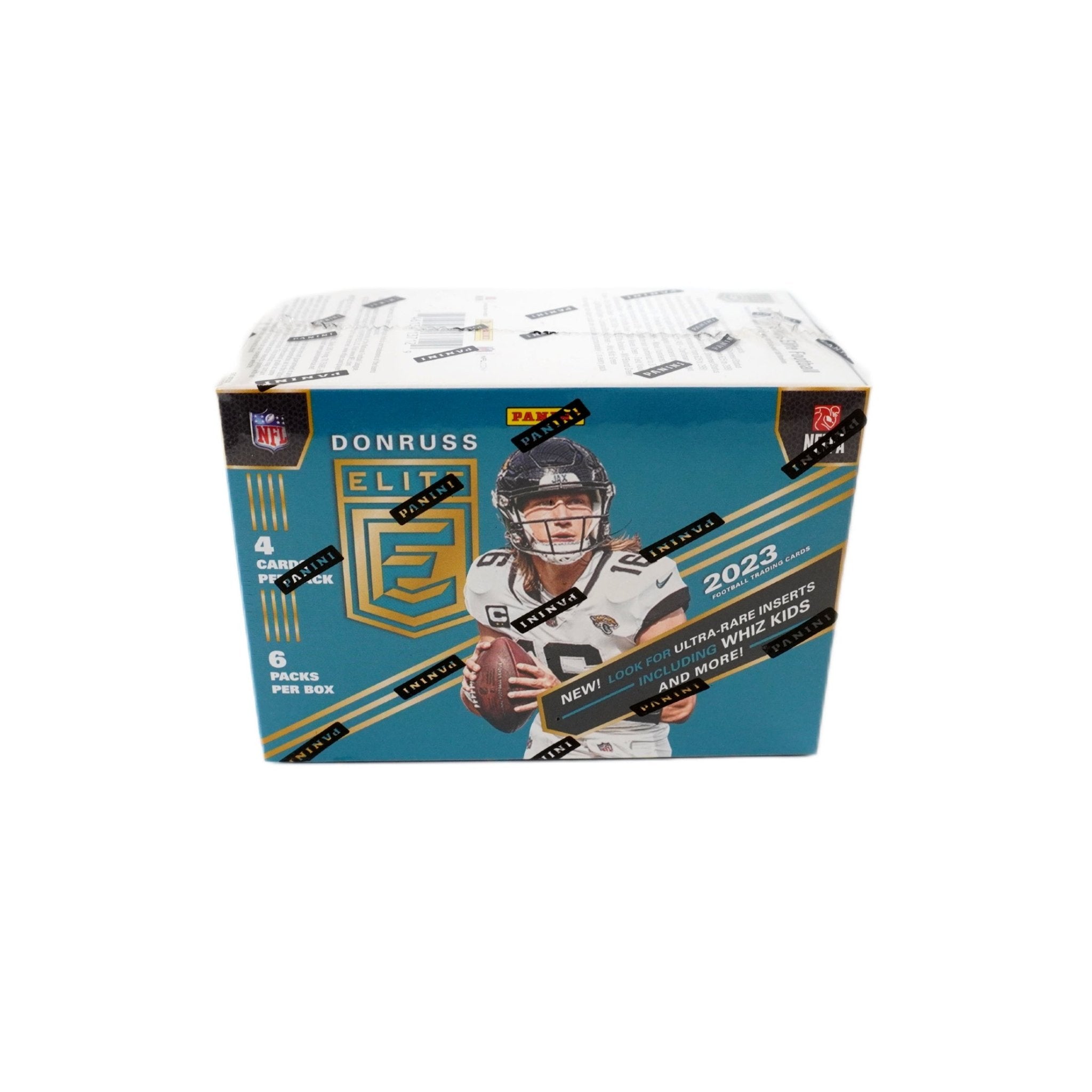 2023 Panini Donruss Elite Football Blaster Box Seitenansicht links – originale NFL Trading Cards Box mit exklusiven Green Disco Parallel Sammelkarten, offizielles Panini TCG Blaster Display 2023 günstig online bestellen