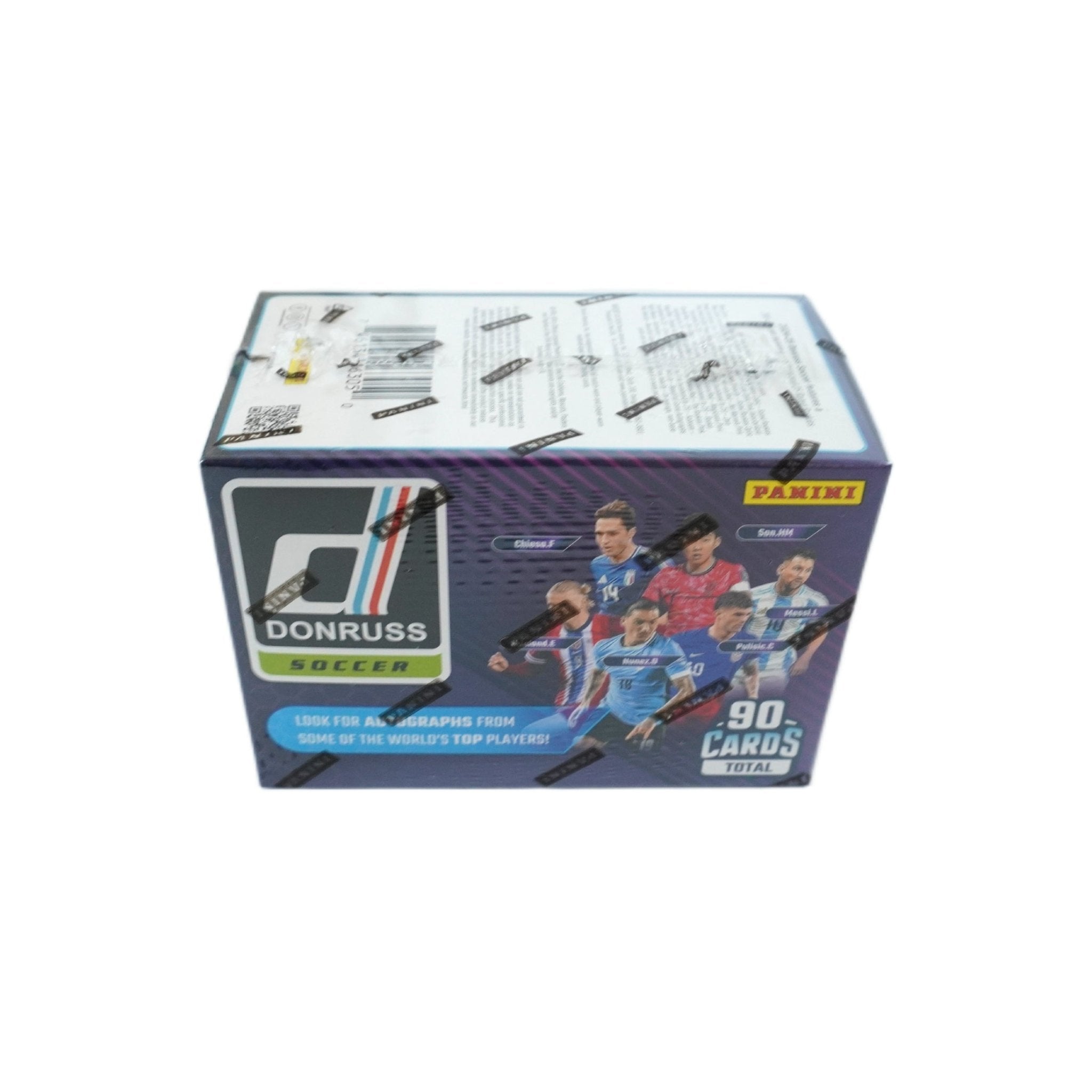 Seitenansicht Panini FIFA Donruss Soccer Blaster Box 2024-25 – hochwertige Verpackung mit offiziellen FIFA Fußball-Sammelkarten, exklusive Donruss Trading Card Box für internationale Sammler