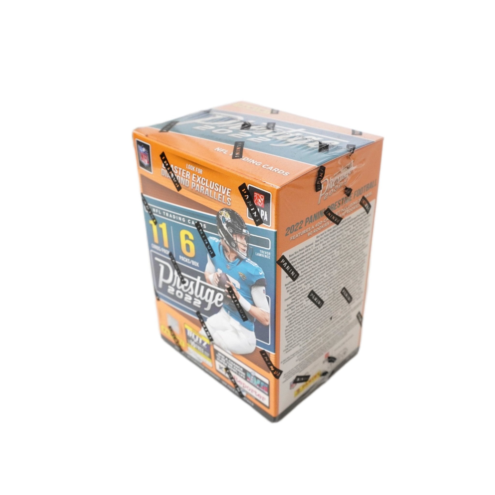 2022 Panini Prestige Football Blaster Box Seitenansicht links – originale NFL Trading Cards Box mit Prestige Sammelkarten, offizielles Panini TCG Blaster Display 2022 günstig online bestellen