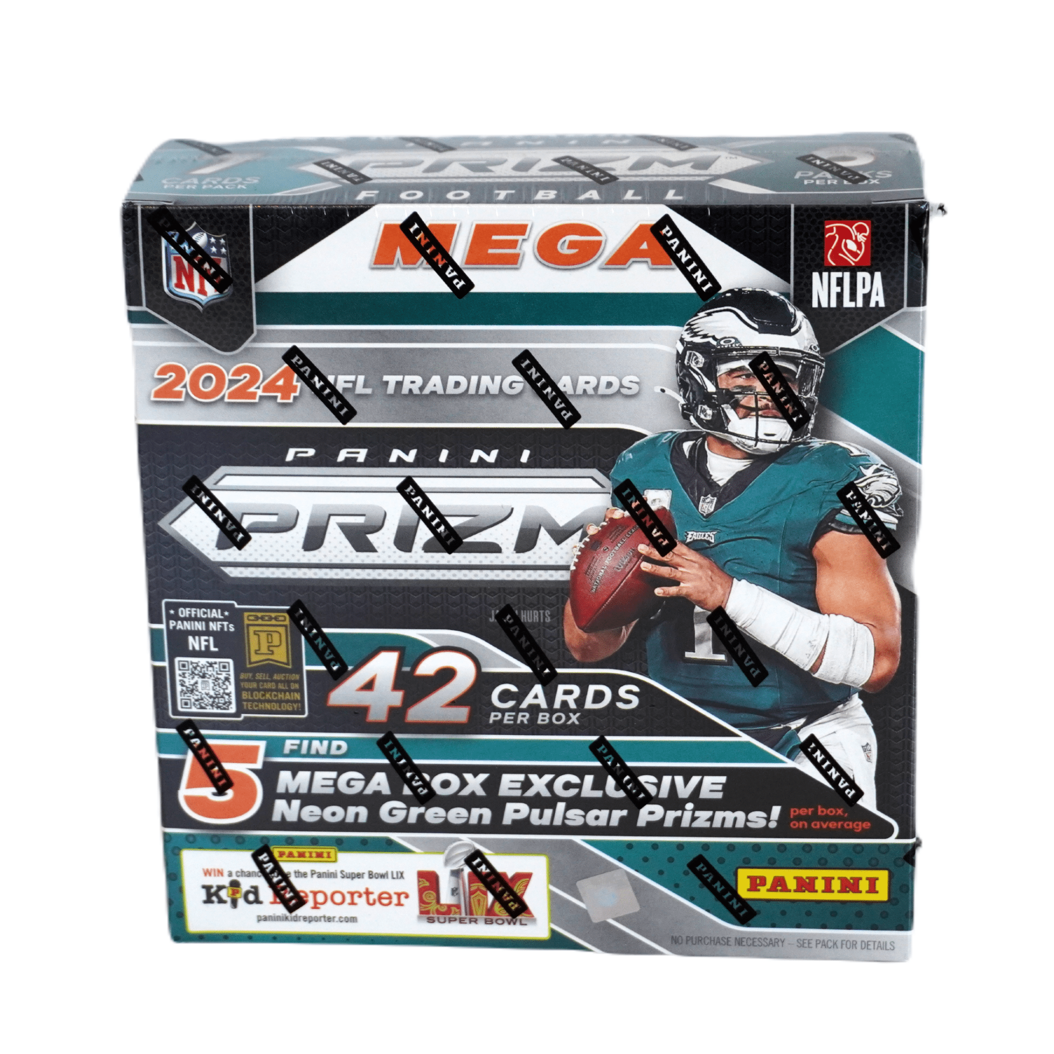 Panini Prizm Football 2024 NFL Mega Box Frontansicht – originale NFL Trading Cards Mega Box mit exklusiven Football Sammelkarten, offizielles Panini Prizm TCG Display 2024 online kaufen im Shop