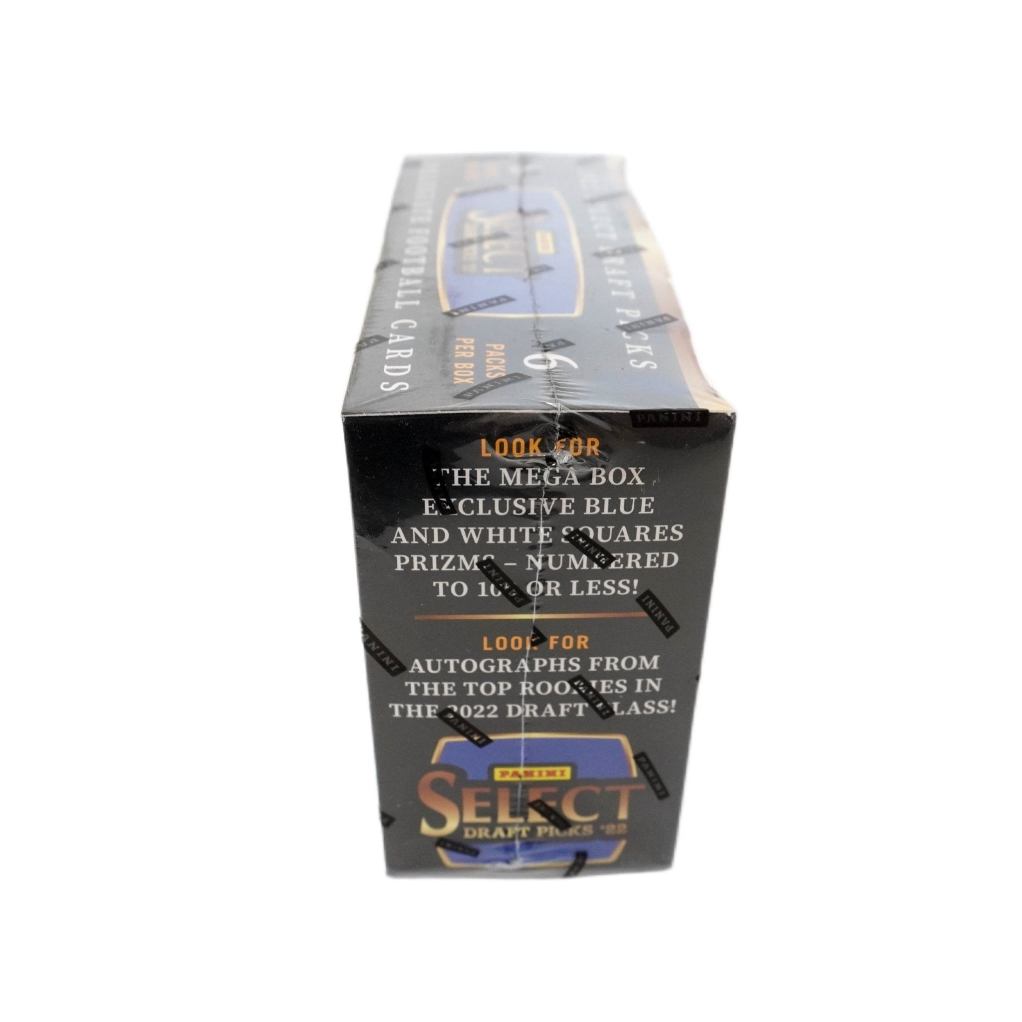 2022 Panini Select Draft Picks Football Mega Box Rückseite – detaillierte Übersicht aller enthaltenen NFL Sammelkarten mit White Lazer Prizms, offizielles Panini Select Draft Picks Football Trading Cards Set 2022 entdecken und online kaufen