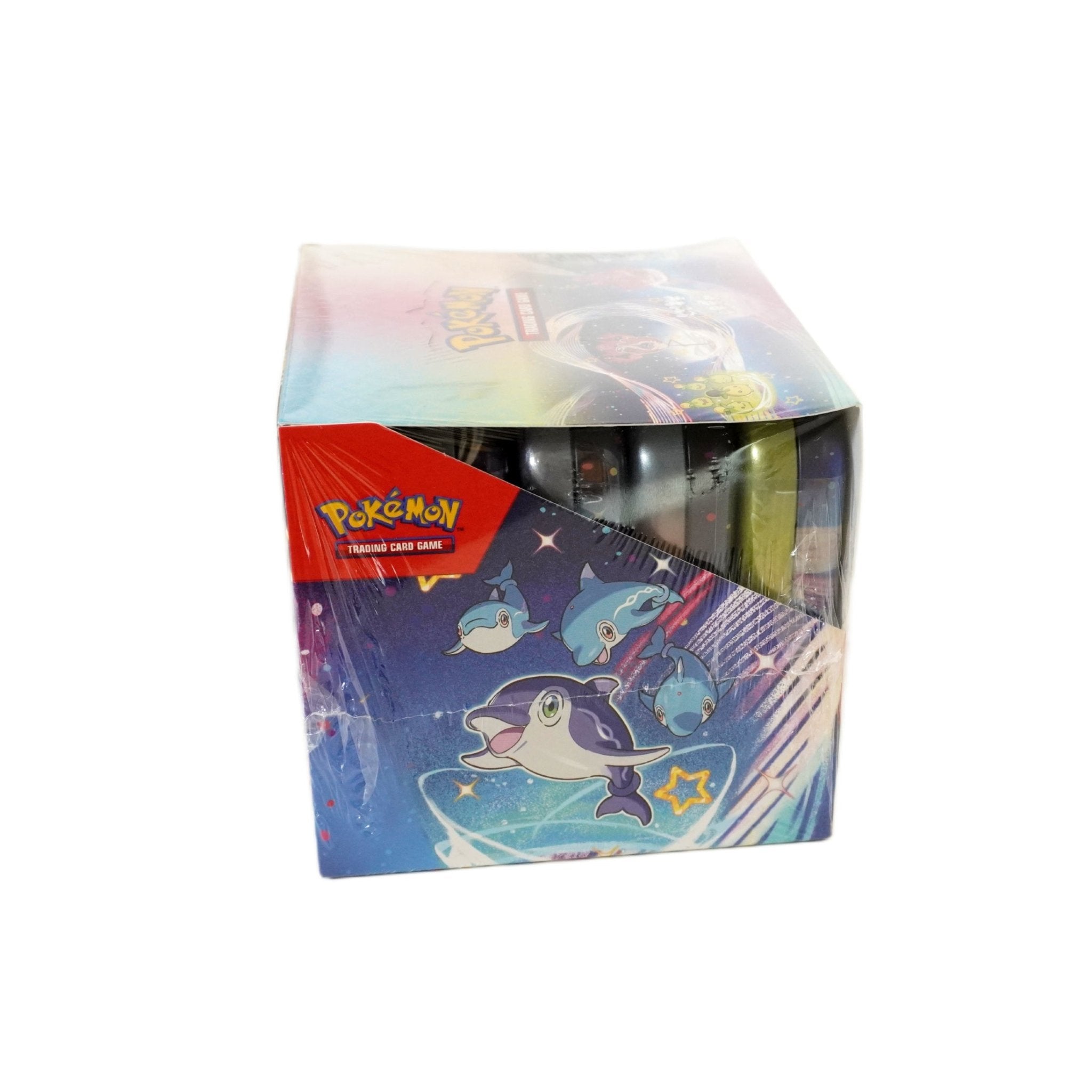 Pokémon Paldean Fates Mini Tin Display Rückseite – englisches Pokémon TCG Produkt mit Shiny Collection, Mini Tins und exklusiven Sammelkarten