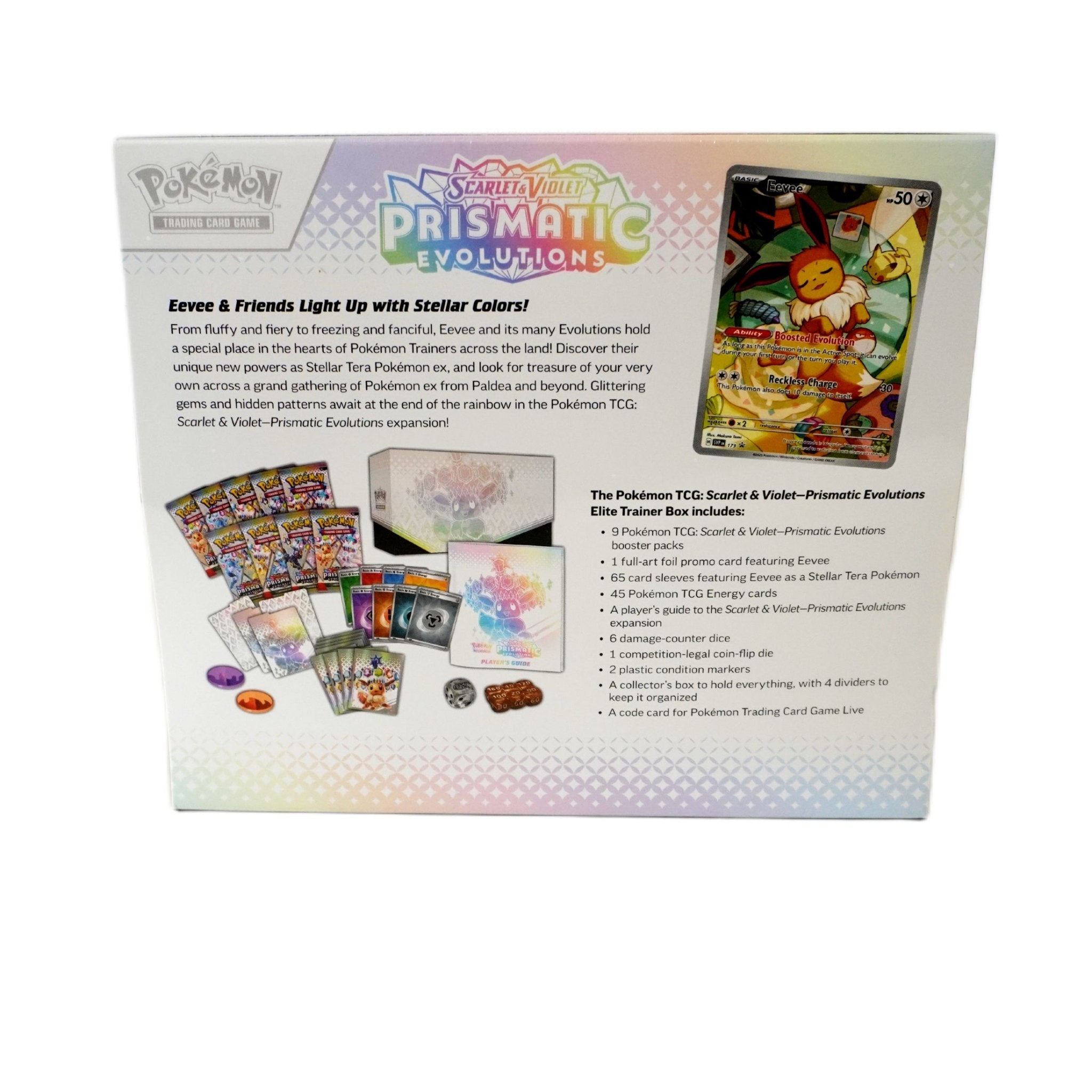 Pokémon Prismatic Evolution Elite Trainer Box linke Seitenansicht – Premium Highclass Set 2024 mit exklusiver Evoli Promo, Boostern und Collectors Zubehör kaufen bei Habibicards