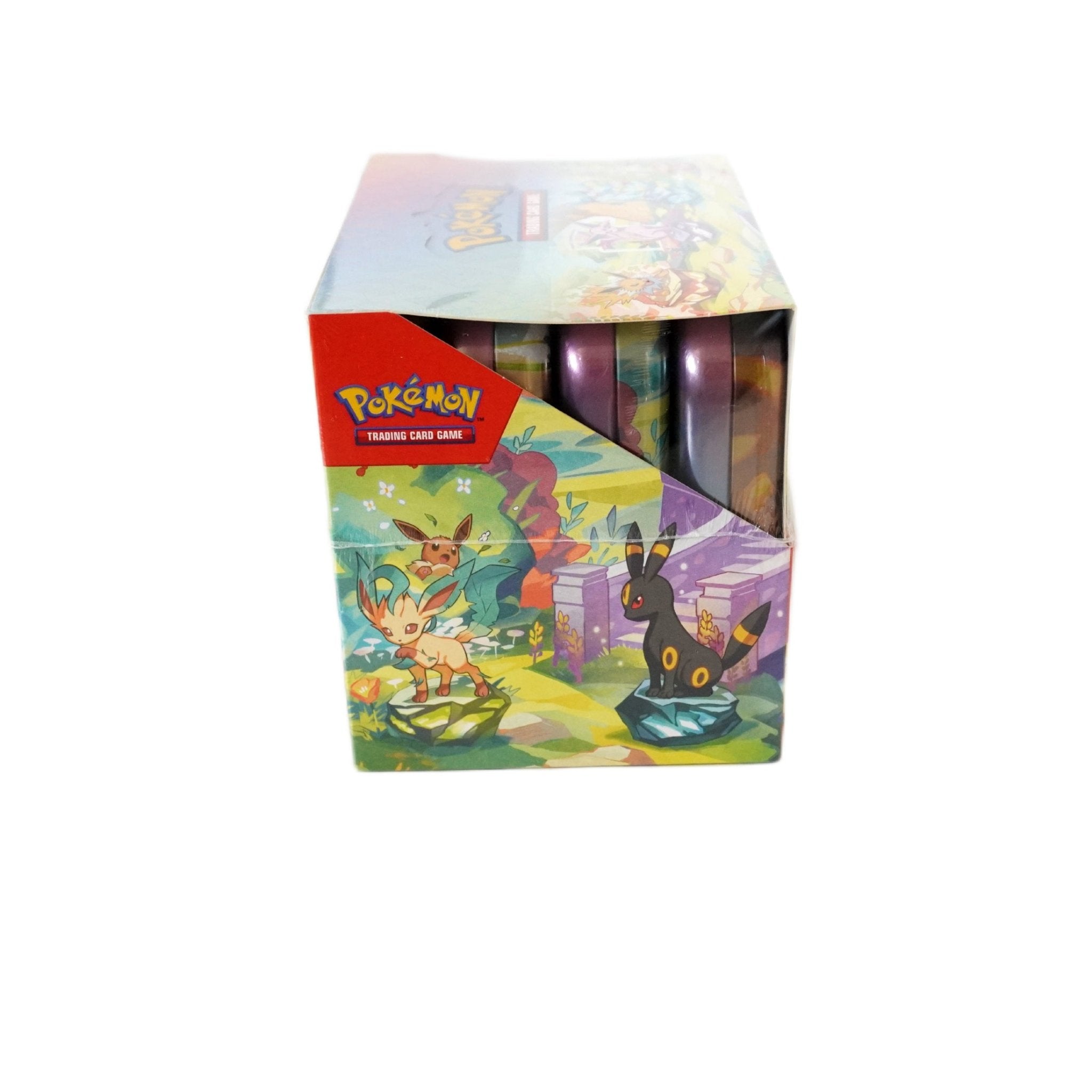 Pokémon Prismatic Evolution Mini Tin Display Rückseite – offizielles Pokémon TCG Produkt mit Mini Tins, Boostern und seltenen SAR Karten der Evoli-Reihe