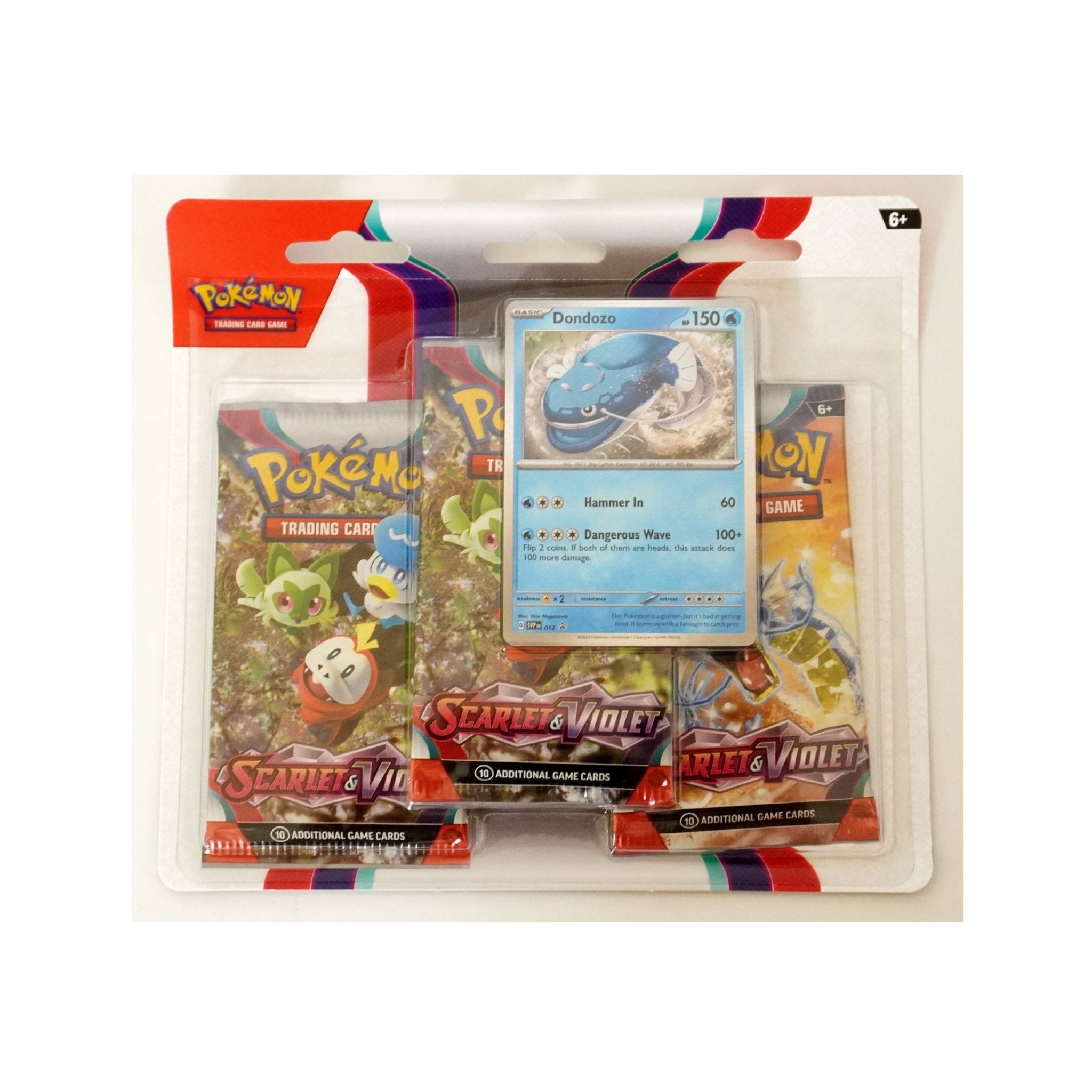Pokémon Scarlet & Violet 3 Pack Blister Rückseite – offizielles Pokémon TCG Produkt mit Boostern, Promo-Karte und Zubehör aus der Karmesin & Purpur Serie
