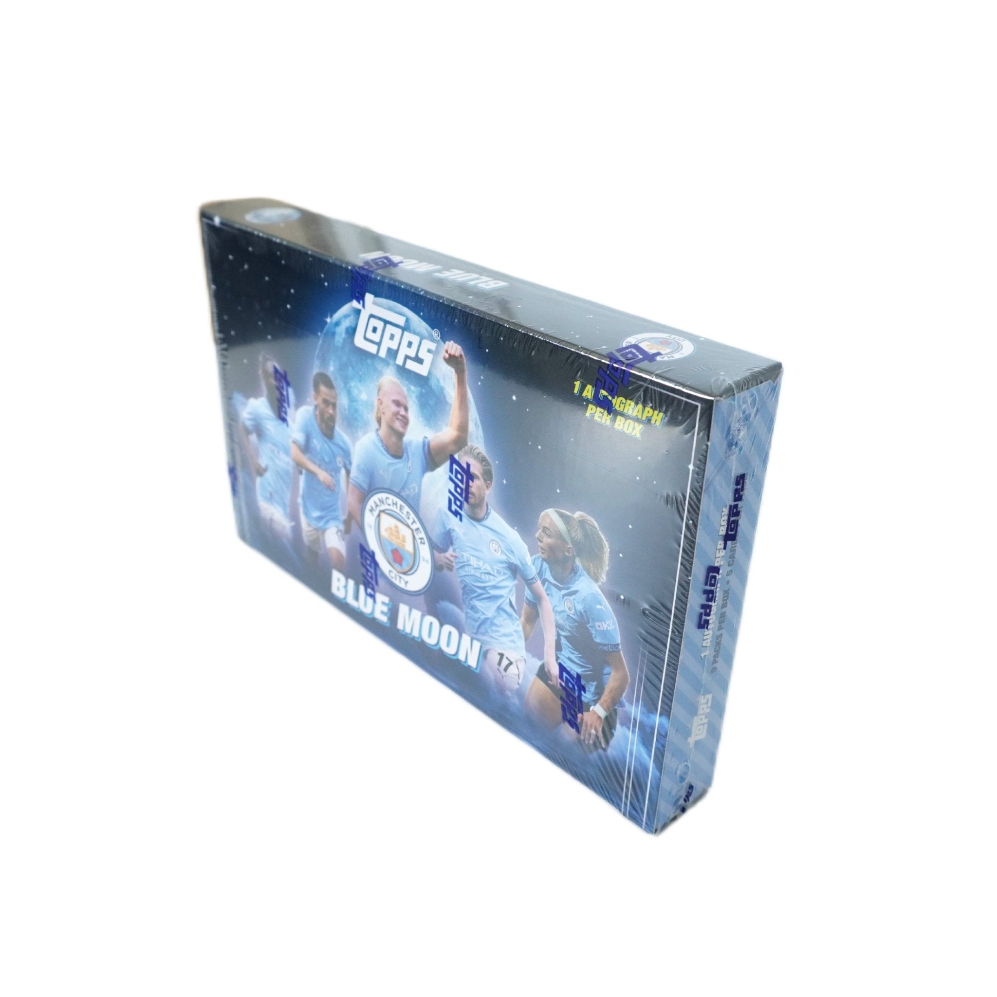 Topps Blue Moon Manchester City 2024/25 Rückseite – detailreiche Informationen zur limitierten Fußballkarten-Edition, Sammelbox mit exklusiven Trading Cards der Citizens