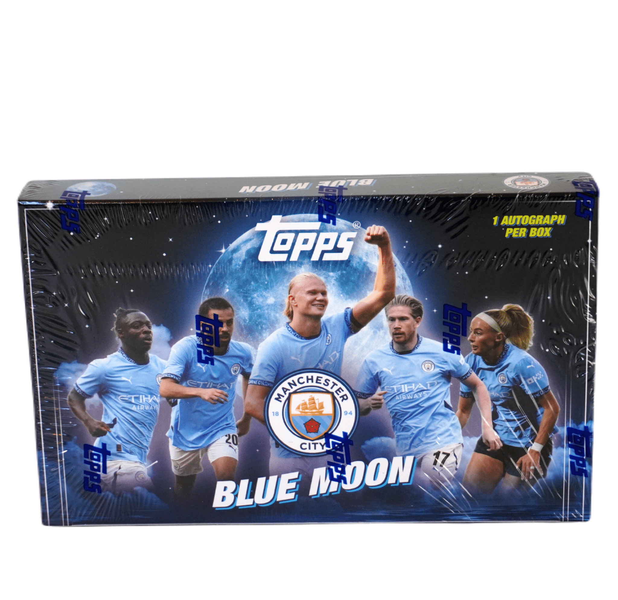 Topps Blue Moon Manchester City 2024/25 Vorderseite – exklusive Fußballkarten-Box von Topps, offizielles Manchester City Trading Card Highlight für Sammler, Fans und Investoren