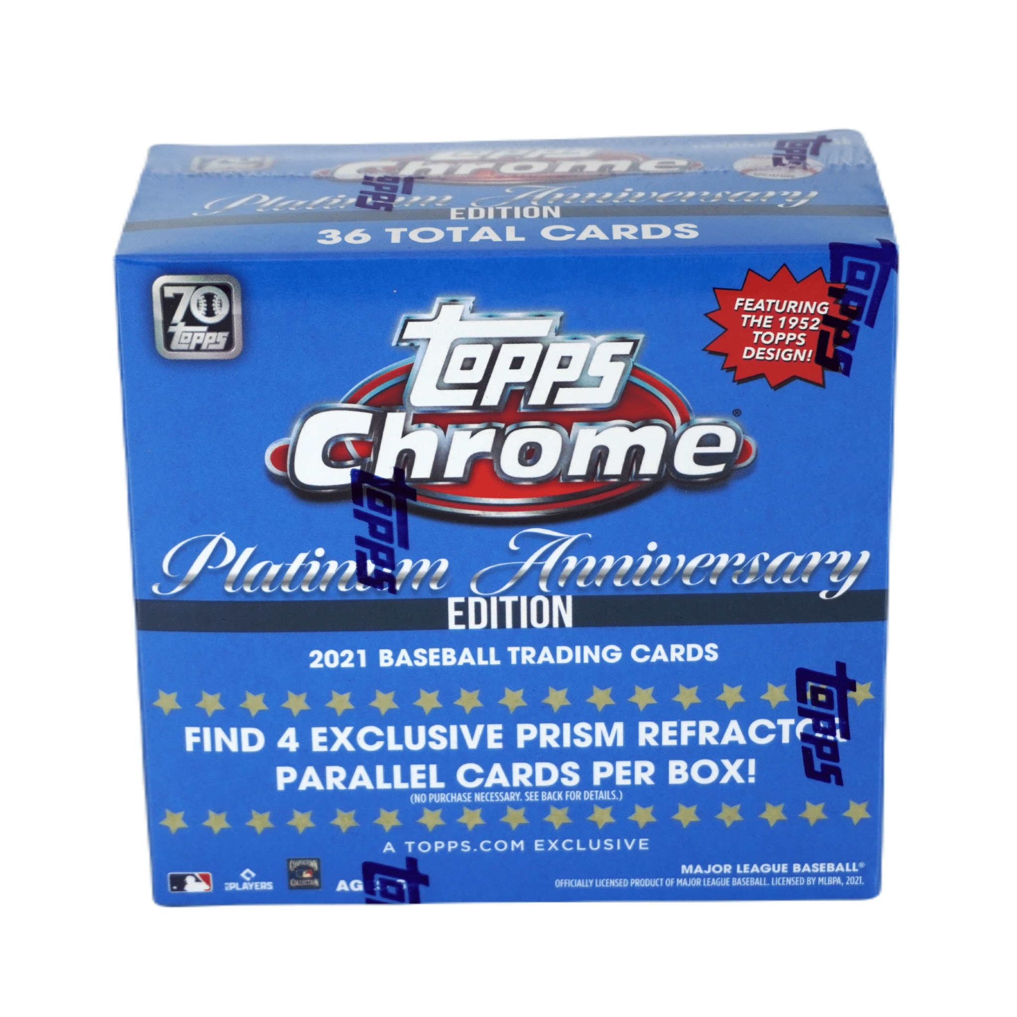 Topps Chrome Platinum Anniversary Baseball Mega Box 2021 Vorderseite – originale MLB Trading Cards Box mit Retro-Design, Rookie Cards, Parallels, Refractors und exklusiven Baseball Sammelkarten kaufen bei Habibicards