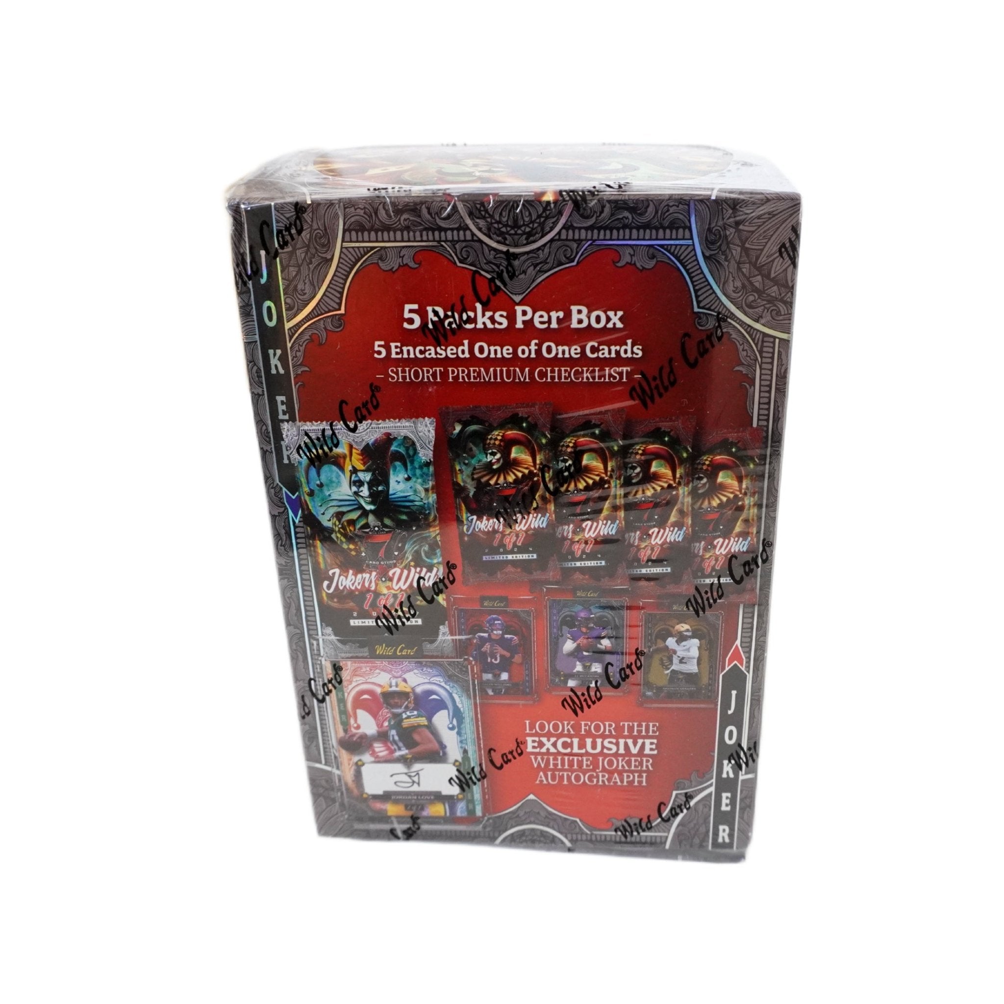 2024 Wild Card 7 Card Studs Jokers Wild Hobby Jumbo Box Seitenansicht links – originale Wild Card NFL Trading Cards Box mit exklusiven Jokers Wild Sammelkarten, offizielles 7 Card Studs Hobby Jumbo TCG Display 2024 günstig online bestellen