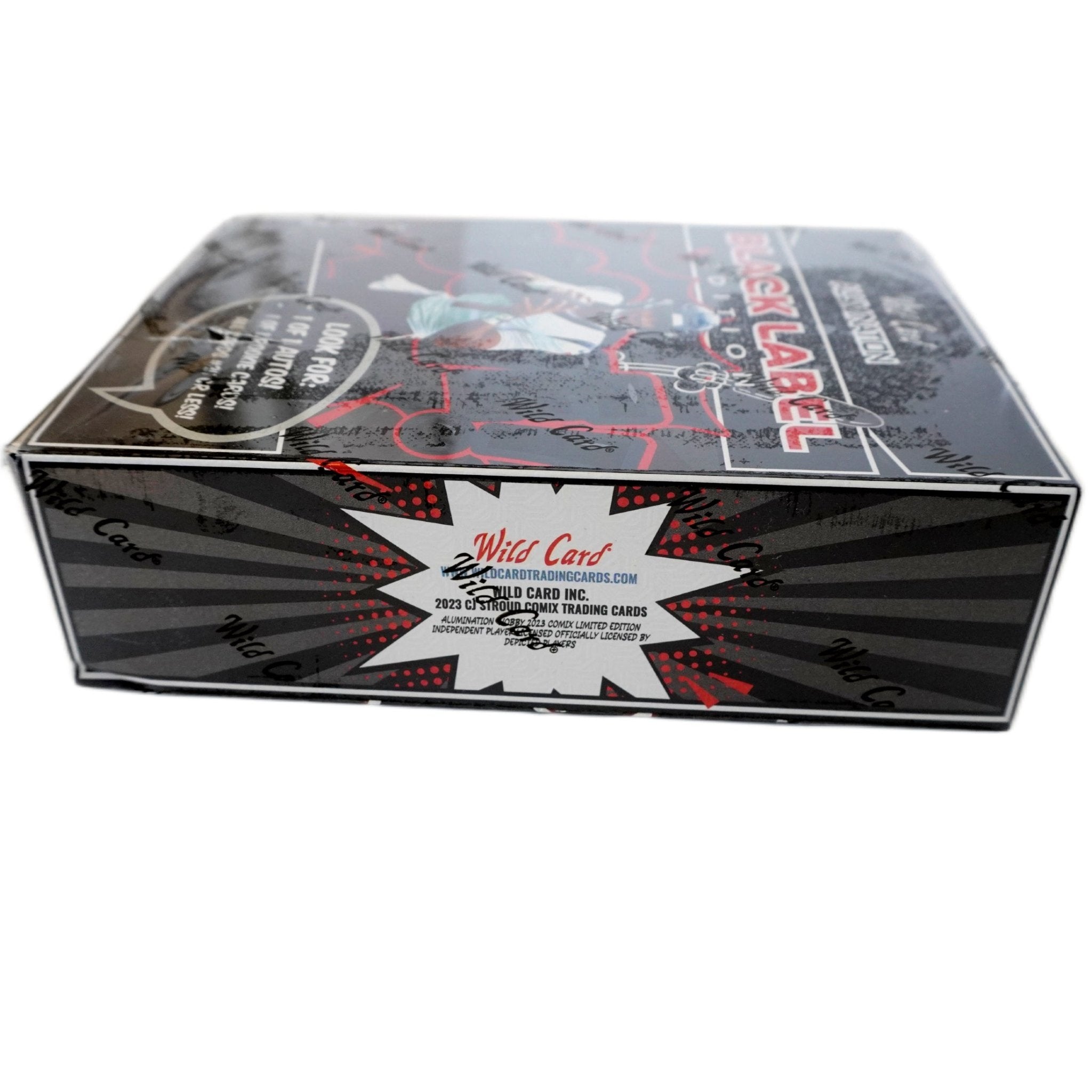 2023 Wild Card Alumination CJ Stroud Rookie Comix Black Label Edition Football Hobby Box Seitenansicht links – originale NFL Trading Cards Box mit CJ Stroud Rookie Comix Black Label Sammelkarten, offizielles Wild Card Alumination TCG Display 2023 günstig online bestellen