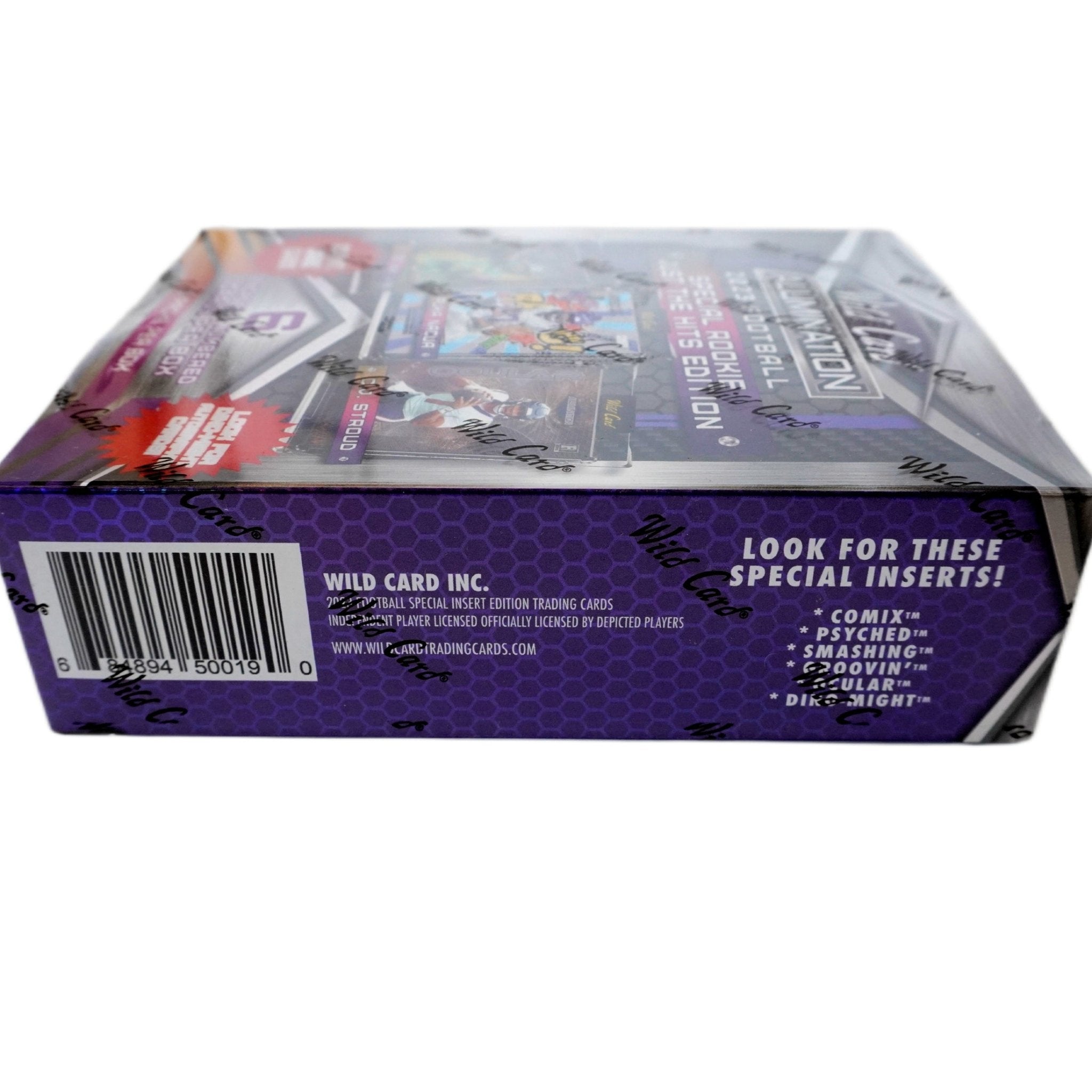 2023 Wild Card Alumination Rookie Insert Edition Football Hobby Box Seitenansicht links – originale NFL Trading Cards Box mit Rookie Insert Sammelkarten, offizielles Wild Card Alumination TCG Display 2023 günstig online bestellen