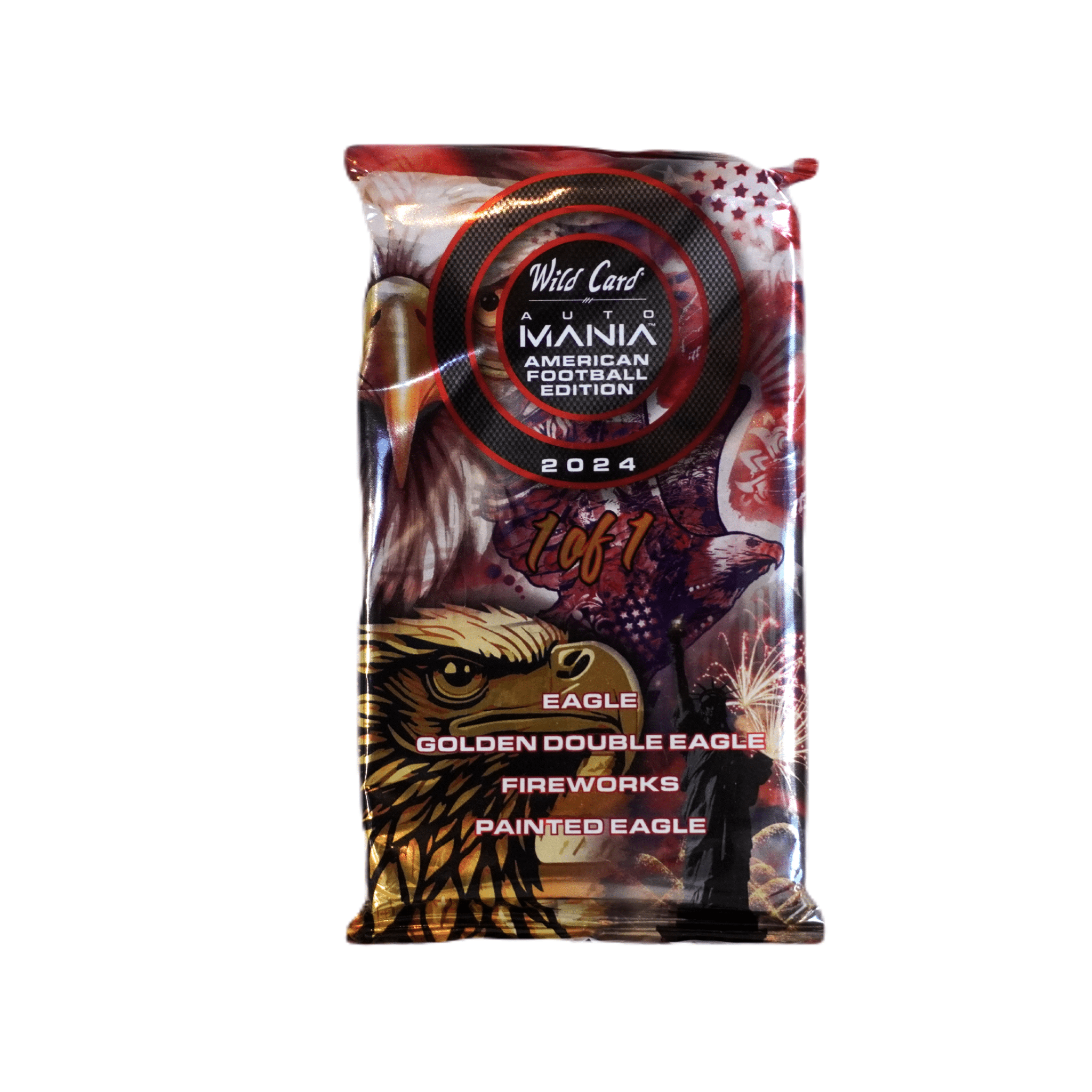 2024 Wild Card Auto Mania Eagle Mix 1of1 Hit Pack Frontansicht – exklusives Football Trading Cards Pack mit garantierter 1of1 Sammelkarte, offizielles Wild Card TCG Special Pack 2024 online kaufen im Shop