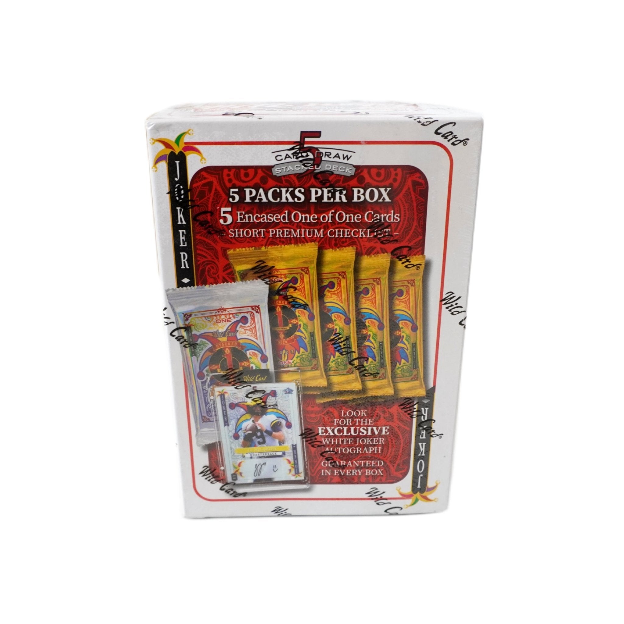 2023 Wild Card Stacked Deck Jokers Wild Football Hobby Jumbo Box Rückseite – detaillierte Übersicht aller enthaltenen Football Sammelkarten, offizielles Wild Card Stacked Deck Jokers Wild Trading Cards Set 2023 entdecken und online kaufen